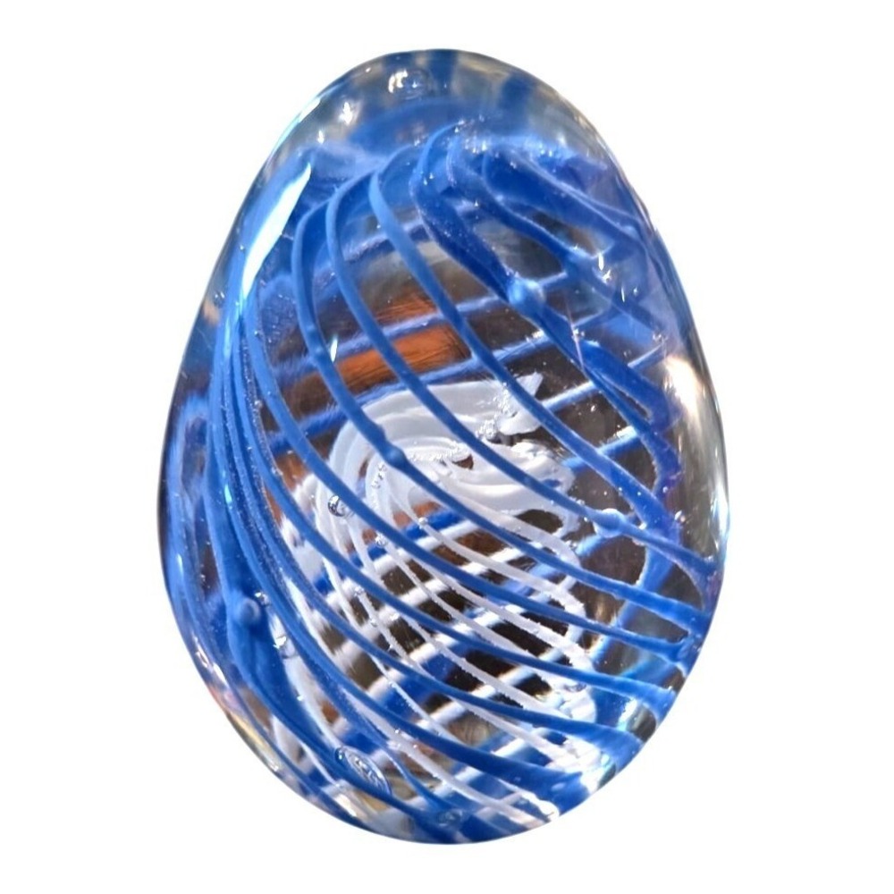 Vintage‎ Paperweight Glass Hand Blown Blue Swirl Art Egg  3.5 Inches Abstract 4"